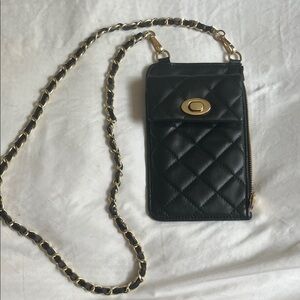 Black Quilted Crossbody Phone Bag with Gold Chain